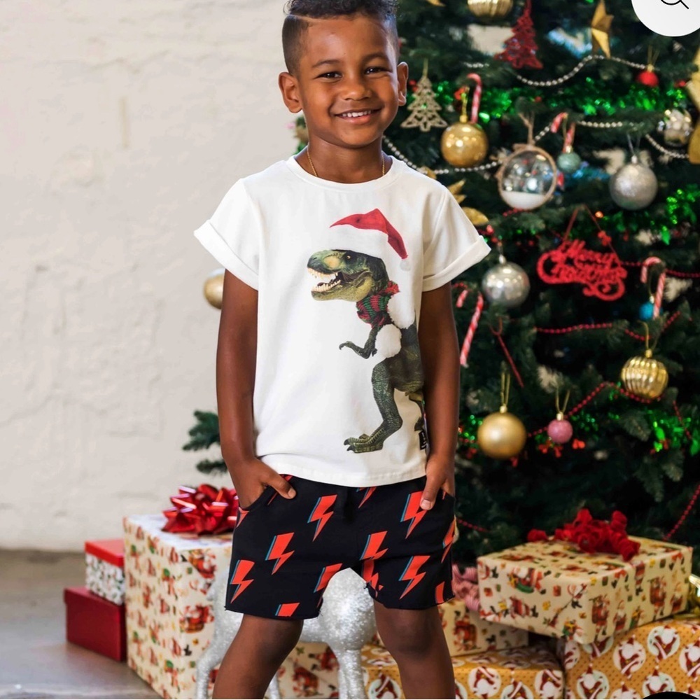 Rock Your Baby Festive Dinosaur Tee in White Christmas. T. rex